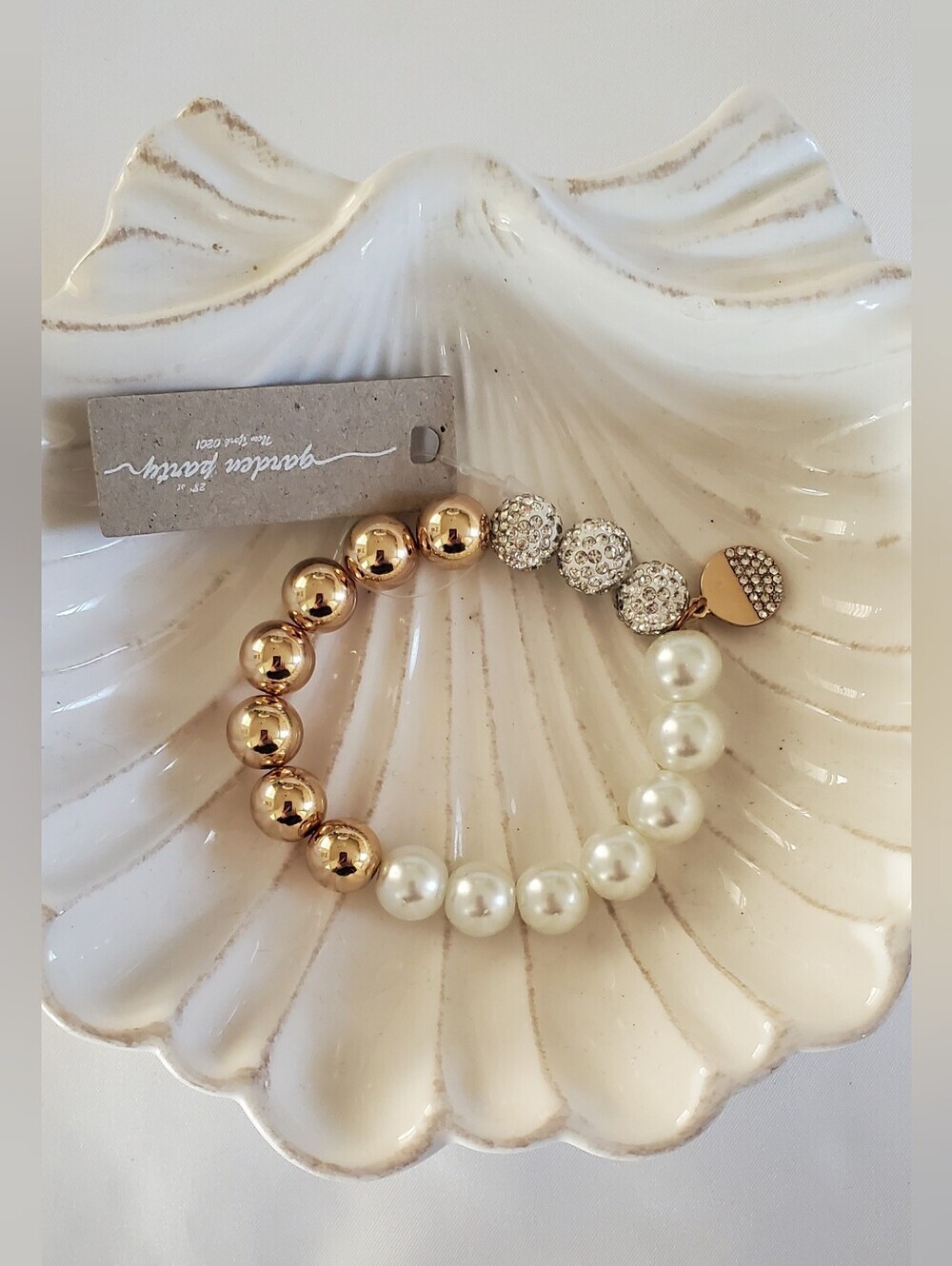 NWT Garden Party Faux Pearl Gold & Pave Rhinestone Stretch Bracelet W/Charm OS